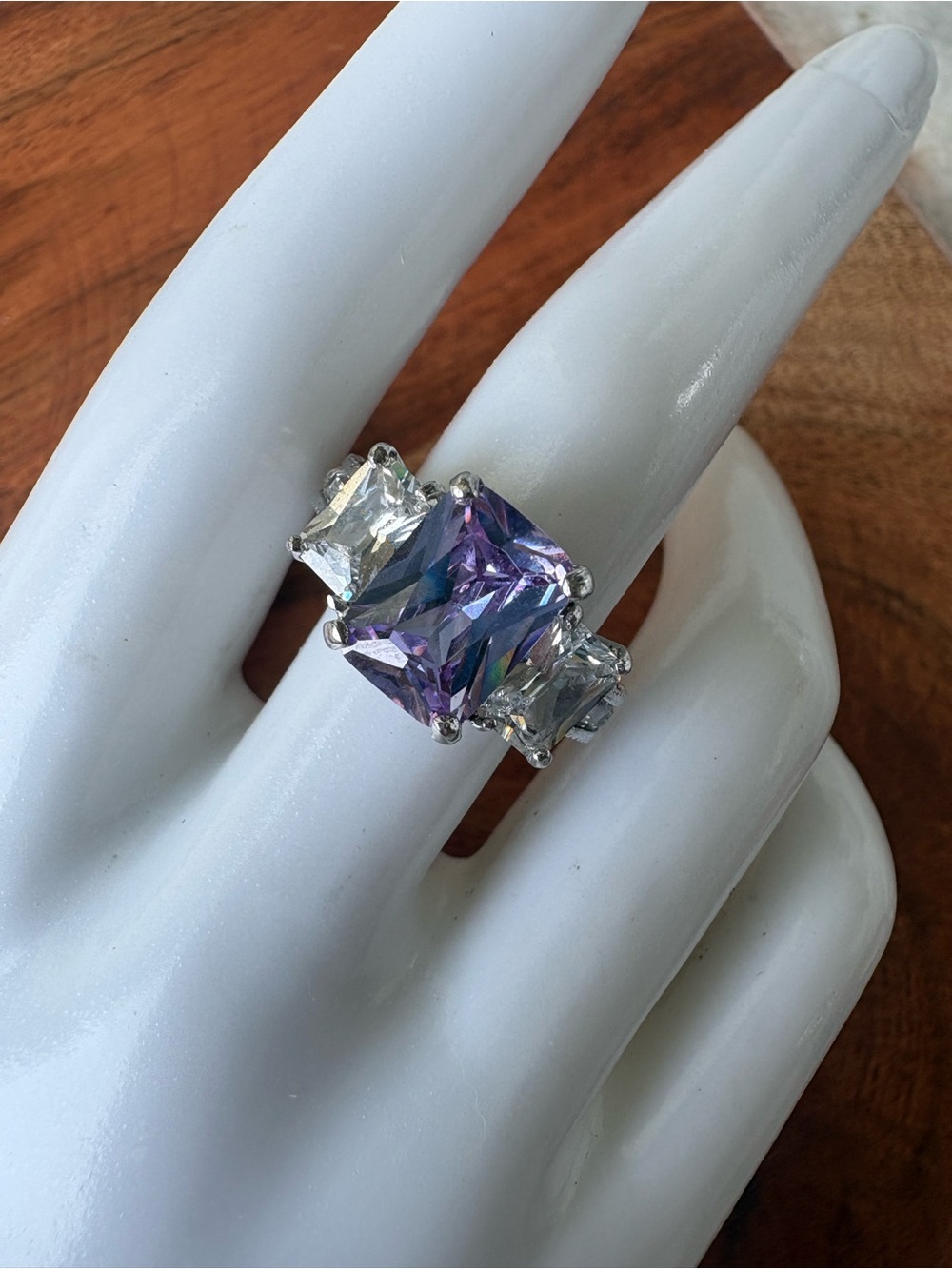 Sterling Silver Three-Stone Ring with Purple Center Stone
